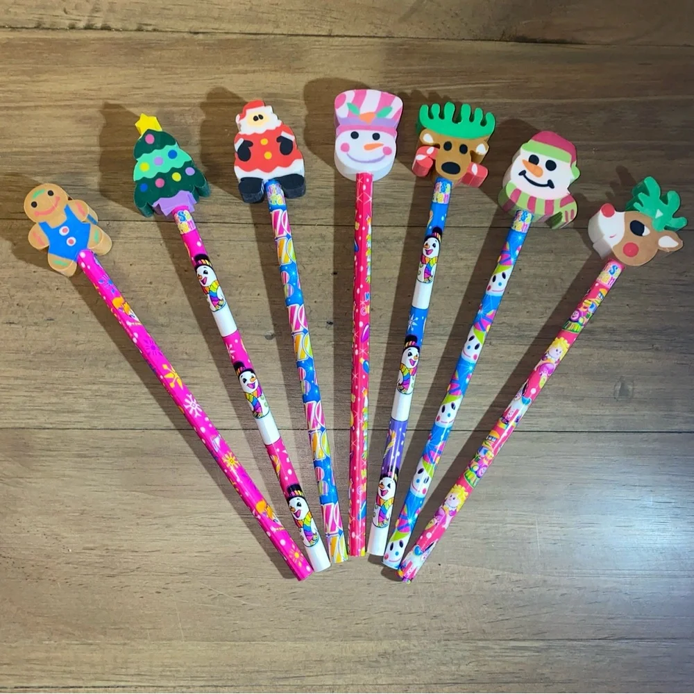 VTG Lisa Frank Xmas Santa Ginger Bread Jumbo Eraser Pencils Lot of 7 Unsharpened